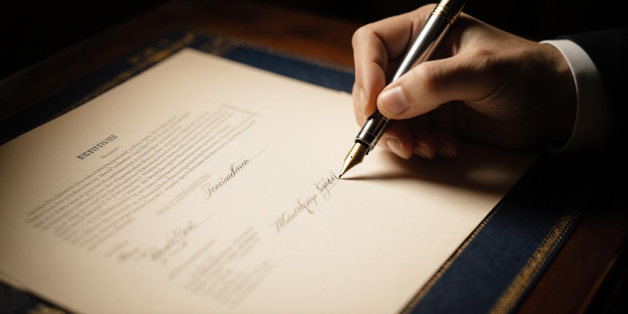 Close up of a fountain pen signing a detailed legal parchment with intricate calligraphy